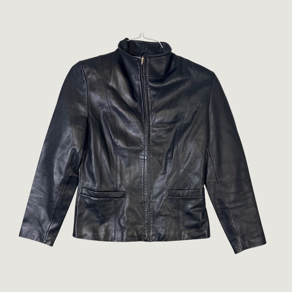 JLC New York Womens Black Leather Jacket Full Zip Mock Neck Size S RN 54163